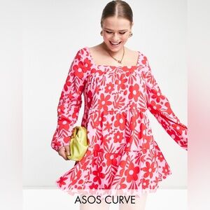 ASOS DESIGN Curve Pink and Red Floral Mini Dress (US 18)